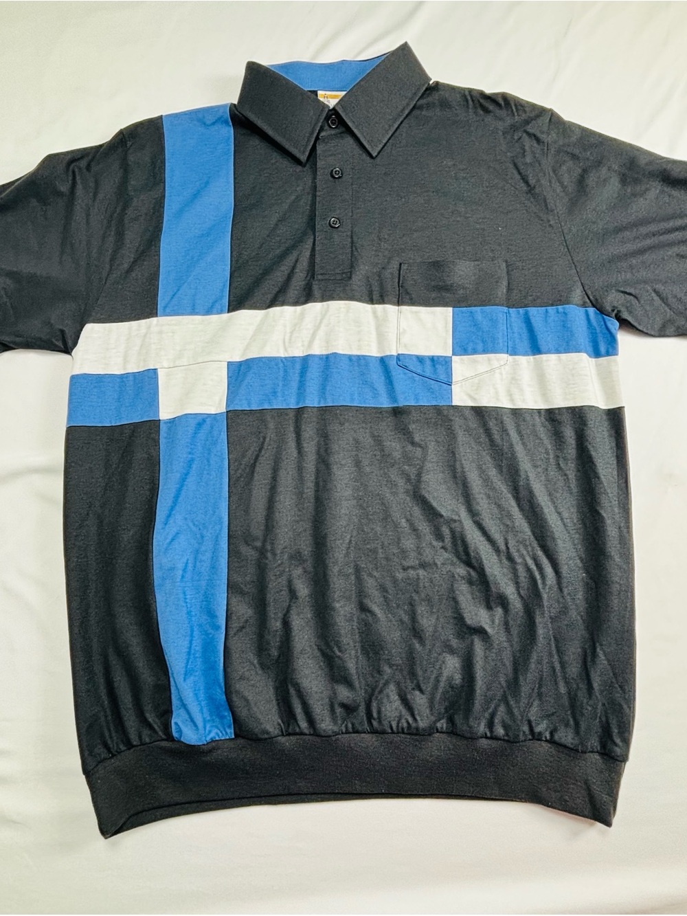 Men's Black Polo Shirt with Blue & White Block Stripes M555